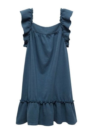 Abito blu senza maniche con spalline arricciate e orlo frangiato, caratterizzato da una vestibilità ampia e fluida e dettagli in tessuto texturizzato nella parte inferiore.