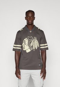 Tricou de hochei gri cu accente crem, având un logo supradimensionat cu profilul unui indian american și pene; mâneci scurte și guler rotund.