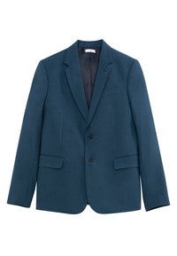 Blazer turchese realizzato in tessuto testurizzato, con revers a scollo a V, due tasche frontali e due bottoni. L'interno ha una fodera liscia.