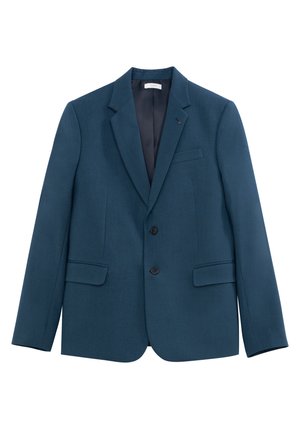 Teal blazer gemaakt van gestructureerde stof, met een notch-lapel, twee voorzakken en twee knopen. De binnenzijde heeft een gladde voering.