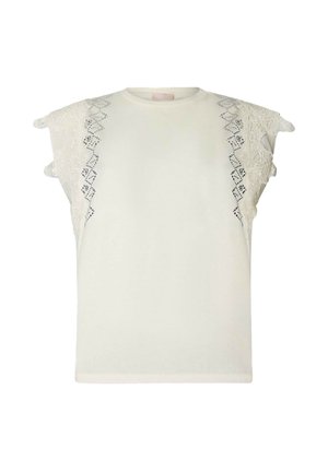 Top bianco senza maniche con spalle arricciate in pizzo e motivo a occhielli a forma di diamante lungo i lati anteriori.