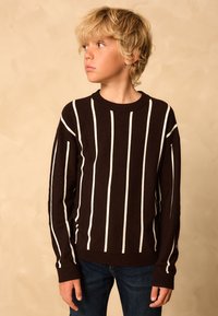 Tröja med brunt tyg och vertikala vita ränder, rund halsringning, långa ärmar och ribbstickade muddar. Stylad med mörkblå jeans.