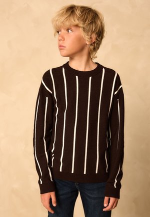 Pull en tissu marron avec des rayures blanches verticales, col rond, manches longues et poignets côtelés. Associé à un jean bleu foncé.