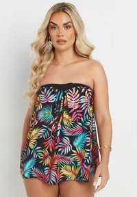 Copricostume da bagno nero senza spalline con vivace stampa di foglie tropicali multicolori, tessuto leggero e dettaglio con scollatura arricciata.