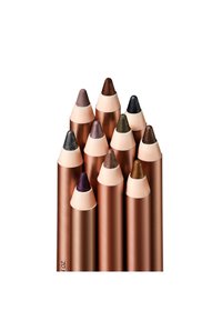 Ensemble de huit crayons pour les yeux métalliques, présentant diverses teintes foncées, dans des fûts élégants en or rose, avec une texture crémeuse et des pointes effilées.