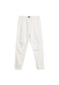 Pantalones de chándal blancos hechos de una tela suave, con una cinturilla elástica, dos bolsillos laterales y puños acanalados en los tobillos. Se aprecian acentos texturizados en las rodillas.