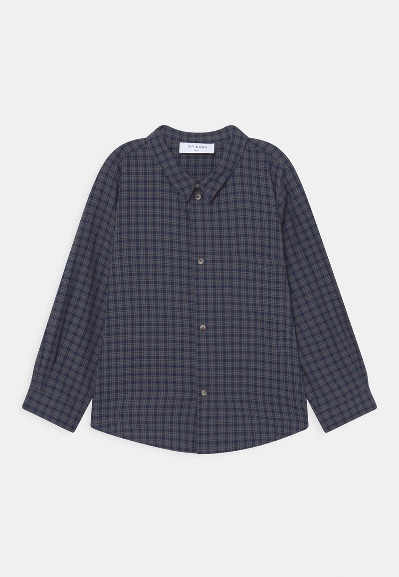 Marineblaues Langarmhemd mit kariertem Muster, Knopfverschluss, Kragen und einer Brusttasche. Weiche Stofftextur.