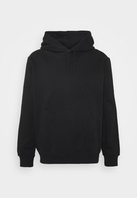 Felpa nera con cappuccio in tessuto morbido. Presenta un cappuccio con cordino, tasca frontale e polsini a coste. Tessuto liscio con un design minimalista.