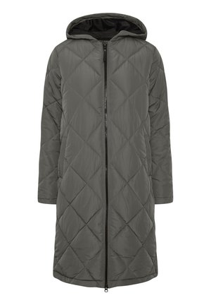 Abrigo puffer largo con capucha en gris oscuro, con un patrón de rombos y cremallera frontal. Fabricado en material ligero y resistente a las inclemencias del tiempo.