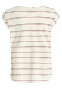 Gestreiftes T-Shirt in Creme mit horizontalen Linien in Grün und Pink. Weicher Stoff, runder Ausschnitt, kurze Ärmel und abgerundeter Saum.