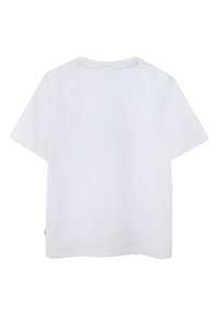 White short-sleeve t-shirt with a round neckline, smooth texture, and straight hem. No visible patterns or accents.
