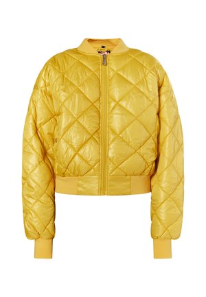 Giacca bomber gialla trapuntata con chiusura frontale a zip, polsini e colletto a costine, caratterizzata da una texture lucida e dettagli con motivo a diamante.
