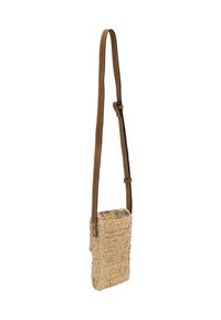 Woven straw crossbody bag with a brown leather strap, featuring a colorful embroidered top and rectangular shape. Durable and lightweight design.