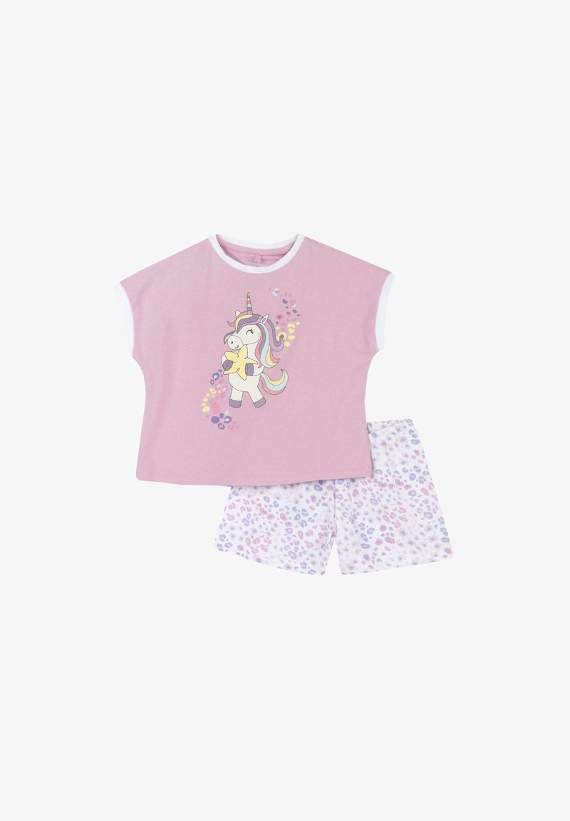 Un haut en coton rose à manches courtes avec un imprimé de licorne, associé à un short blanc avec un motif à pois violets et roses.