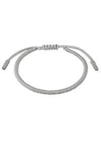 Sidabrinė paracord apyrankė su pintu dizainu, reguliuojamu užsegimu ir tekstūruotu paviršiaus apdaila. Paprastas ir minimalistiškas dizainas.