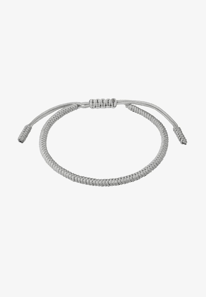 Pulsera de paracord plateado con un diseño trenzado, cierre ajustable deslizante y detalles de superficie texturizada. Diseño simple y minimalista.