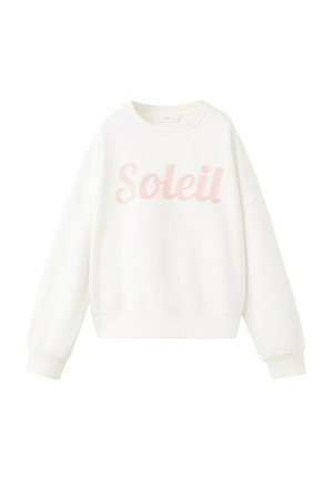 Sweat-shirt blanc à manches longues avec col rond, orné du texte "Soleil" en écriture cursive rose centré sur le devant.
