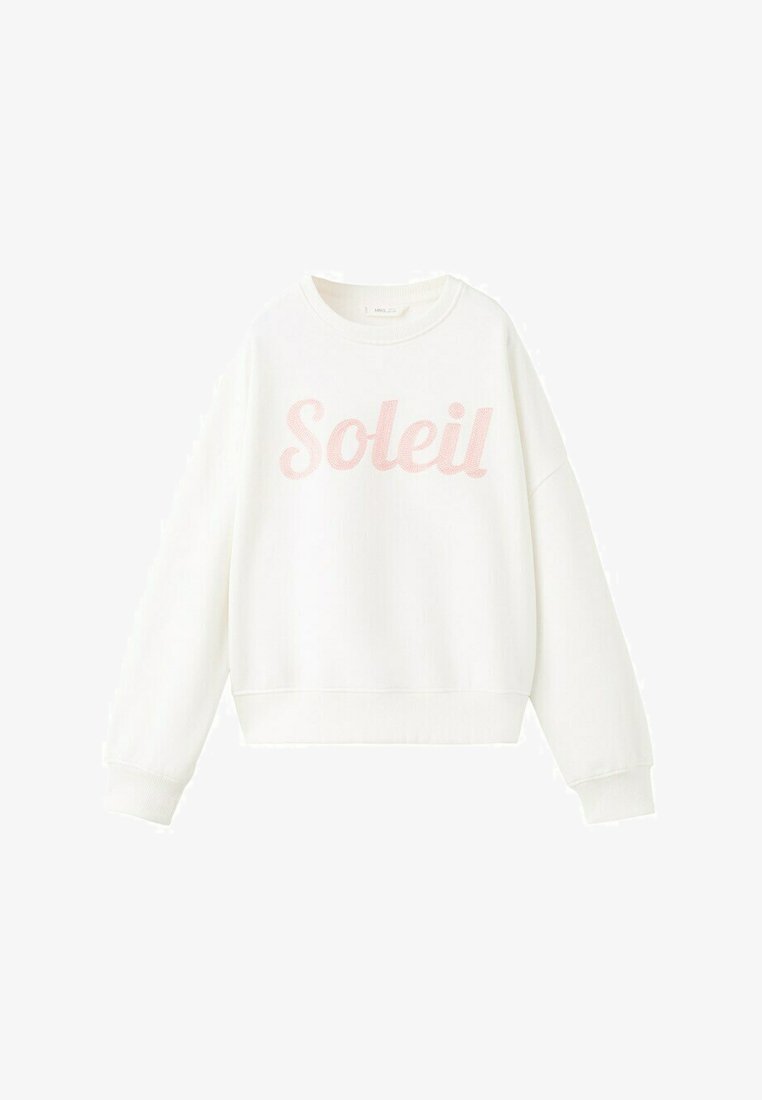 Biela mikina s dlhým rukávom a okrúhlym výstrihom, s ružovým kurzívnym nápisom „Soleil“ uprostred na prednej strane.