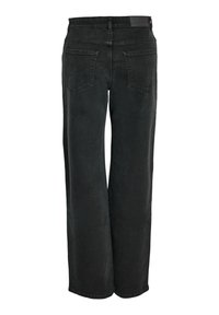 Svarta denimbyxor med vida ben och en slät yta, med två bakfickor och hög midja. Ingen dekoration.