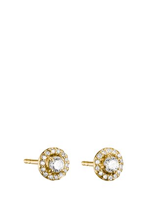 Gouden oorknopjes met een centrale ronde diamant omringd door een halo van kleinere diamanten, afgebeeld op een witte achtergrond.