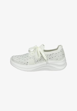 White knit sneaker with rhinestone embellishments, lace-up front, and thick textured sole, shown in side profile on a white background.