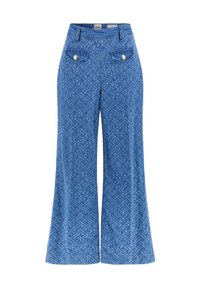 Blå vida denimbyxor med ett strukturerat mönster, framfickor med knappdetaljer och hög midja.