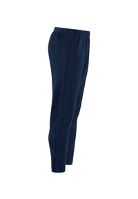 Marineblauwe sportbroeken met elastische tailleband, zijzakken en contrasterende verticale streep op elk been. Glad, lichtgewicht stof.