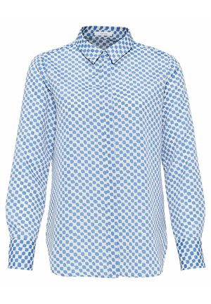 Koszula na guziki z długim rękawem i ostrym kołnierzem, z niebiesko-białym wzorem w kratę o nieregularnych kształtach.