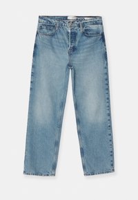 Wytarte niebieskie dżinsy z prostą nogawką, pięcioma kieszeniami oraz talią zapinaną na guzik i suwak.