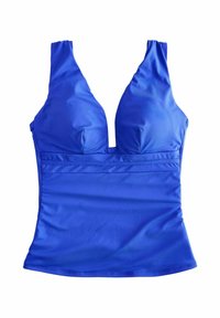 Blauw mouwloos topje met een diepe V-hals, gemaakt van een zachte, glanzende stof en met een gestructureerde buste. Zachte plooien bij de taille verbeteren de pasvorm.