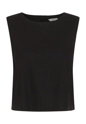 Top corto negro sin mangas con hombros anchos y escote redondo, hecho de tela lisa.