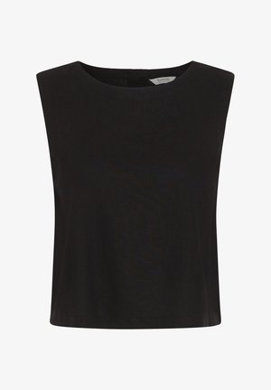 Czarny crop top bez rękawów z szerokimi ramionami i okrągłym dekoltem, wykonany z gładkiej tkaniny.