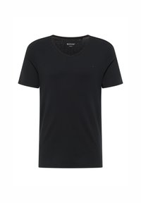 Tricou negru cu mânecă scurtă, fabricat din bumbac ușor. Are un decolteu în V și un logo subtil pe piept. Textură netedă cu o croială clasică.