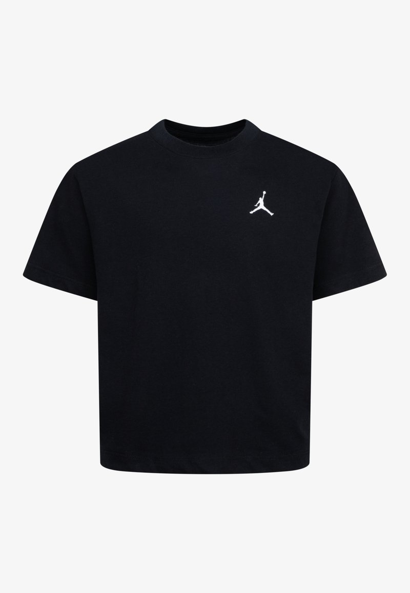 Svart bomull T-skjorte med rund hals og korte ermer. Har en hvit brodert Jumpman-logo på venstre bryst. Enkel design.