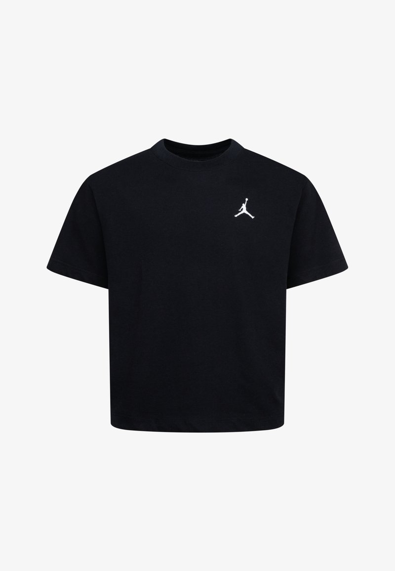 Black cotton t-shirt with a crew neck and short sleeves. Features a white embroidered Jumpman logo on the left chest. Simple design.