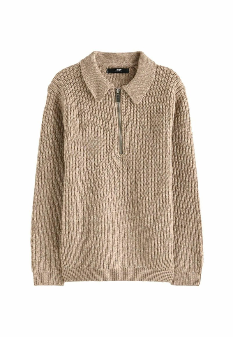 Beige gerippter Pullover mit Kragen, der einen Frontreißverschluss und lange Ärmel aufweist. Gestrickte Textur mit lockerer Passform.