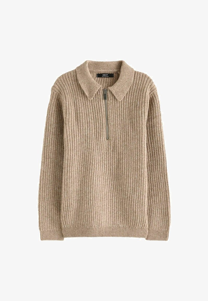 Beige gerippter Pullover mit Kragen, der einen Frontreißverschluss und lange Ärmel aufweist. Gestrickte Textur mit lockerer Passform.