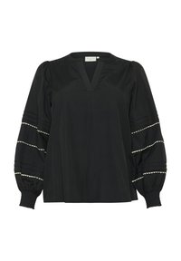 Blouse noire avec un décolleté en V, manches bouffantes ornées d'un bord blanc et de plis. Tissu lisse avec une coupe décontractée, idéal pour un usage quotidien.