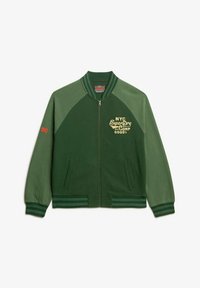 Veste bomber verte avec col et poignets côtelés, présentant des manches contrastées, une fermeture éclair à l'avant et un logo brodé sur la poitrine.