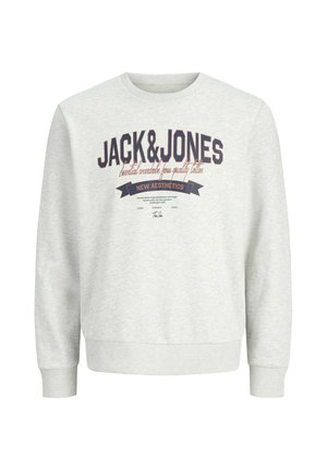 Lichtgrijze sweat met lange mouwen, geribbelde boorden aan de manchetten en zoom, met grote "JACK & JONES" tekst en een kleiner bedrukt ontwerp op de borst.