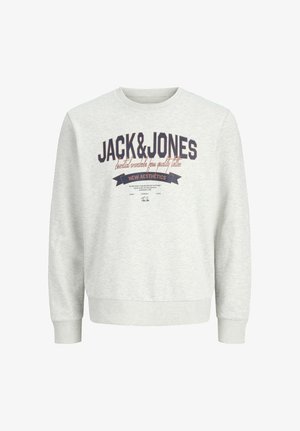 Lichtgrijze sweat met lange mouwen, geribbelde boorden aan de manchetten en zoom, met grote "JACK & JONES" tekst en een kleiner bedrukt ontwerp op de borst.