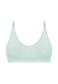 Licht mintkleurige geribbelde bralette met een V-halsontwerp en dunne verstelbare bandjes. Zachte textuur, naadloze constructie en zonder beugel.