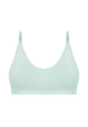 Light mint-colored ribbed bralette with a V-neck design and thin adjustable straps. Soft texture, seamless construction, and no underwire.