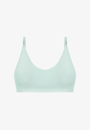 Bralette côtelé de couleur menthe clair avec un design en V et des fines bretelles ajustables. Texture douce, construction sans couture et sans armature.