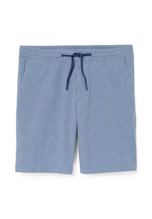 Shorts casual azzurri chiaro con vita elasticizzata e coulisse blu navy, dotati di tasche laterali e orli a gamba dritta.