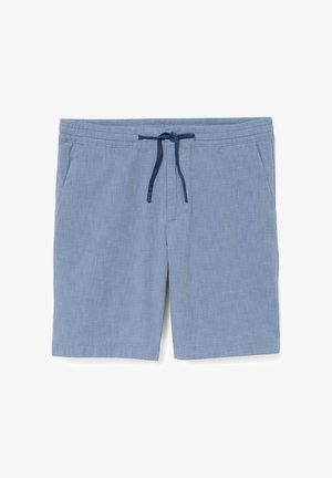 Vaaleansiniset rentoihin asuihin sopivat shortsit, joissa on joustava vyötärö ja tummansininen kiristysnauha, sivutaskut sekä suorat lahkeensuut.