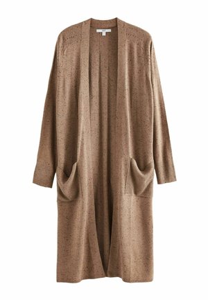 Cardigan lungo aperto in maglina color marrone chiaro, con un motivo testurizzato, due ampie tasche frontali e polsini a costine.