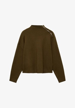 Olijfgroene, cropped gebreide trui met een hoge hals en asymmetrische ritsdetails op één schouder. Oversized silhouet en ribgebreide manchetten.