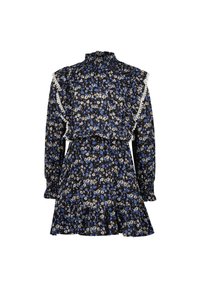 Abito floreale con colletto alto, base nera e fiori blu e bianchi. Presenta dettagli arricciati e maniche lunghe, con un orlo a strati.