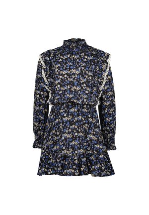 Bloemenjurk met hoge hals, zwarte basis en blauwe en witte bloemen. Heeft ruches en lange mouwen, met een gelaagde zoom.